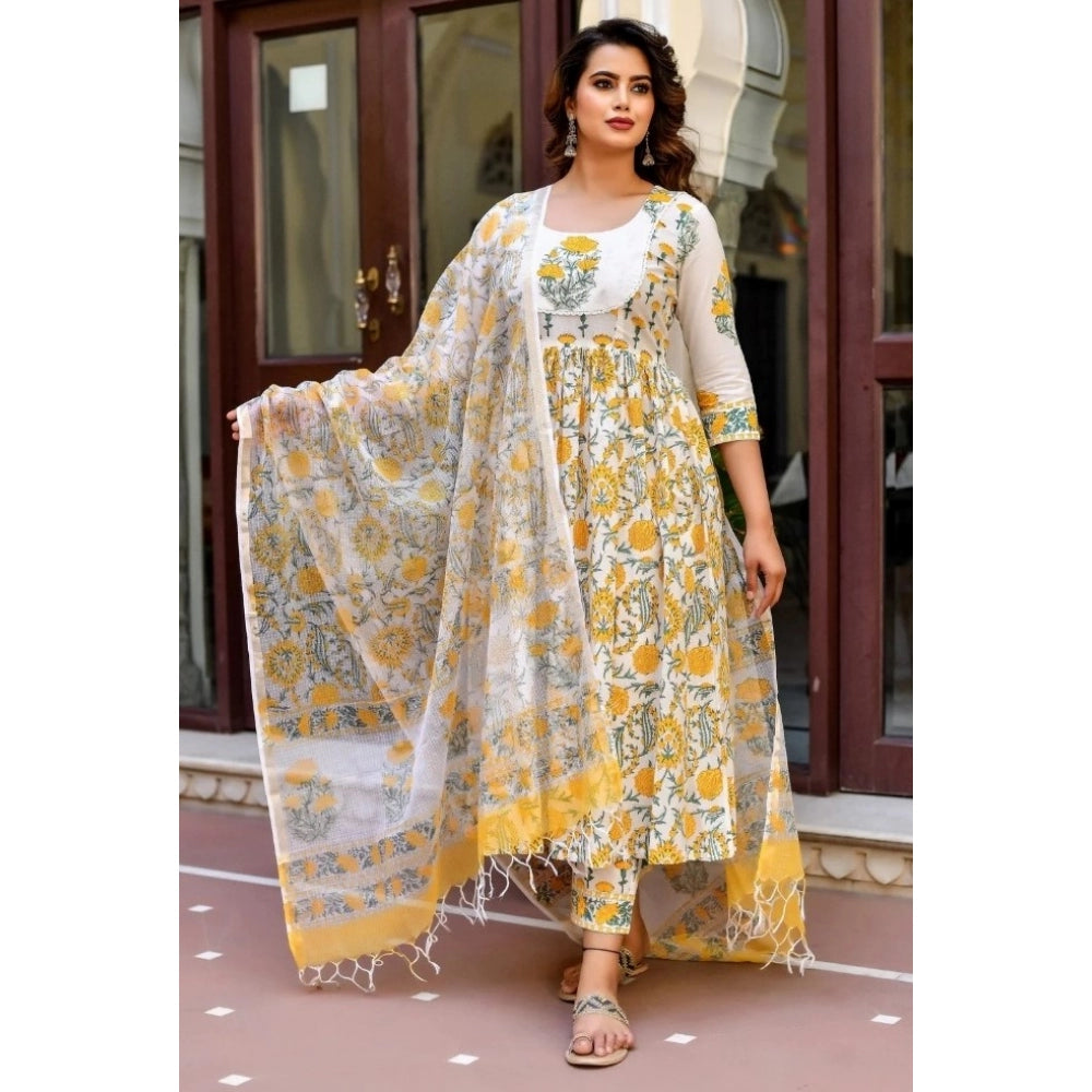 Cotton Blend Printed Work Kurti With Bottom And Dupatta Set