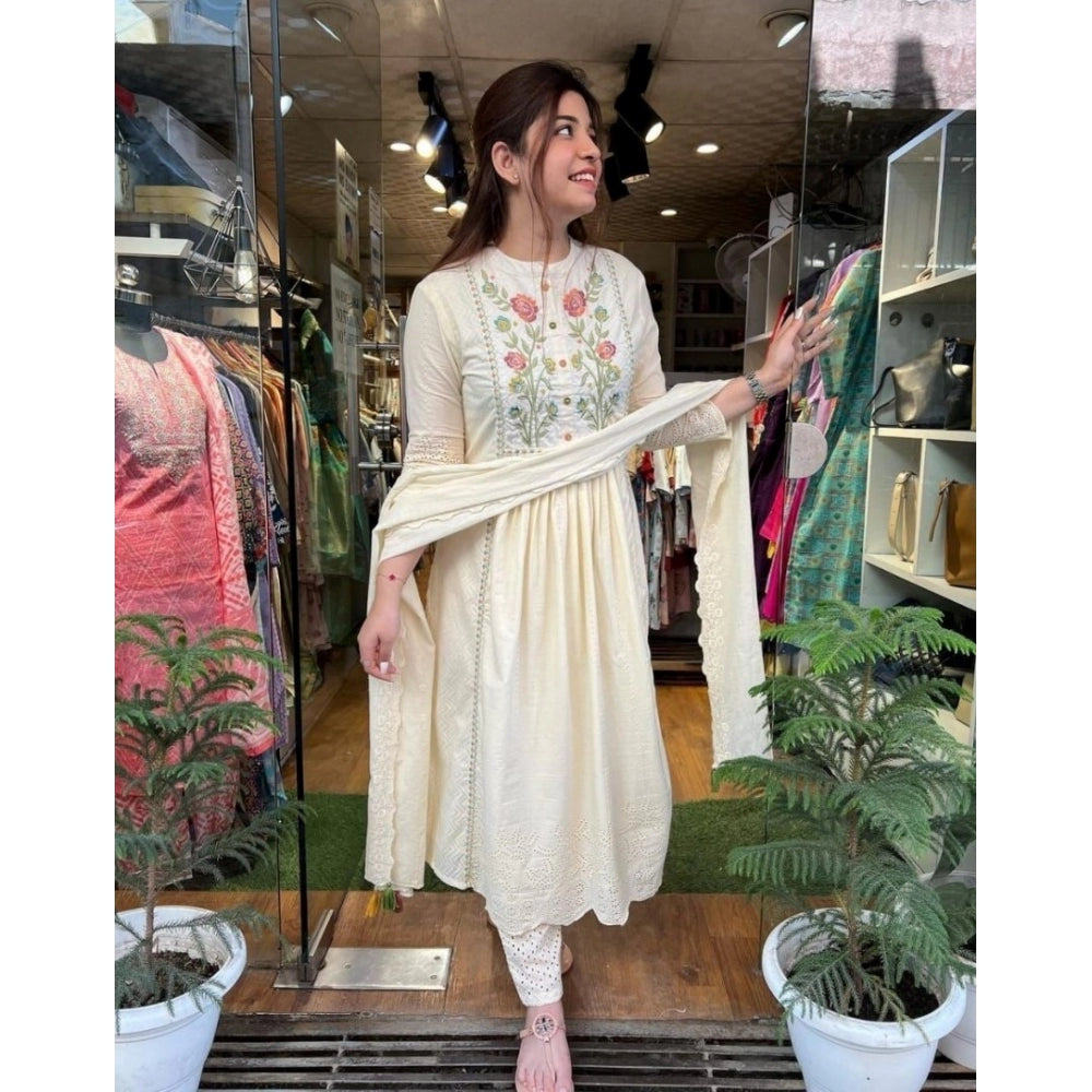 Embroidered Cotton Cotton Chikankari Kurti With Pants And Stall Dupatta