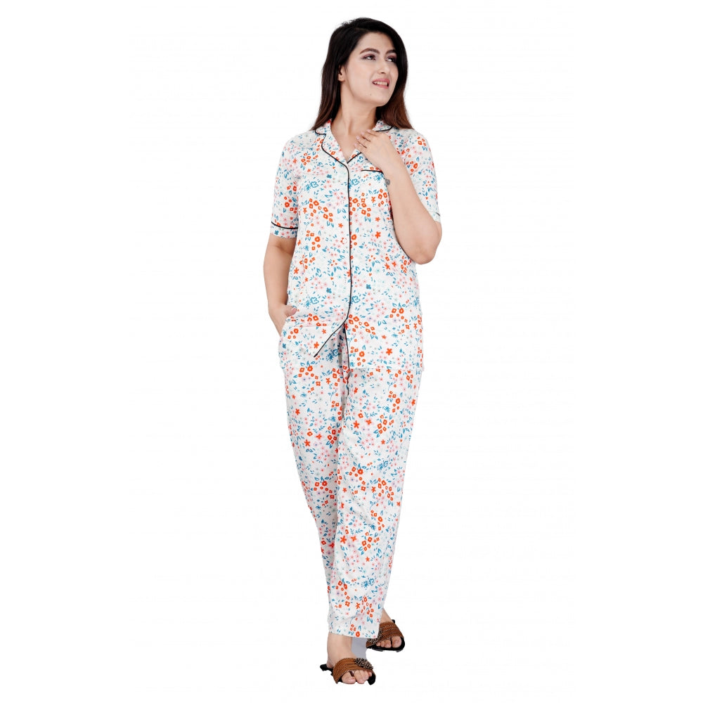 Casual Half Sleeve Printed Viscose Rayon Shirt With Pyjama Pant Night Suit Set