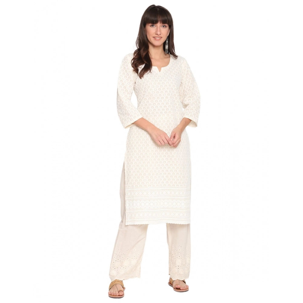 Casual 3/4th Sleeve Chikan Embroidery Cotton Kurti