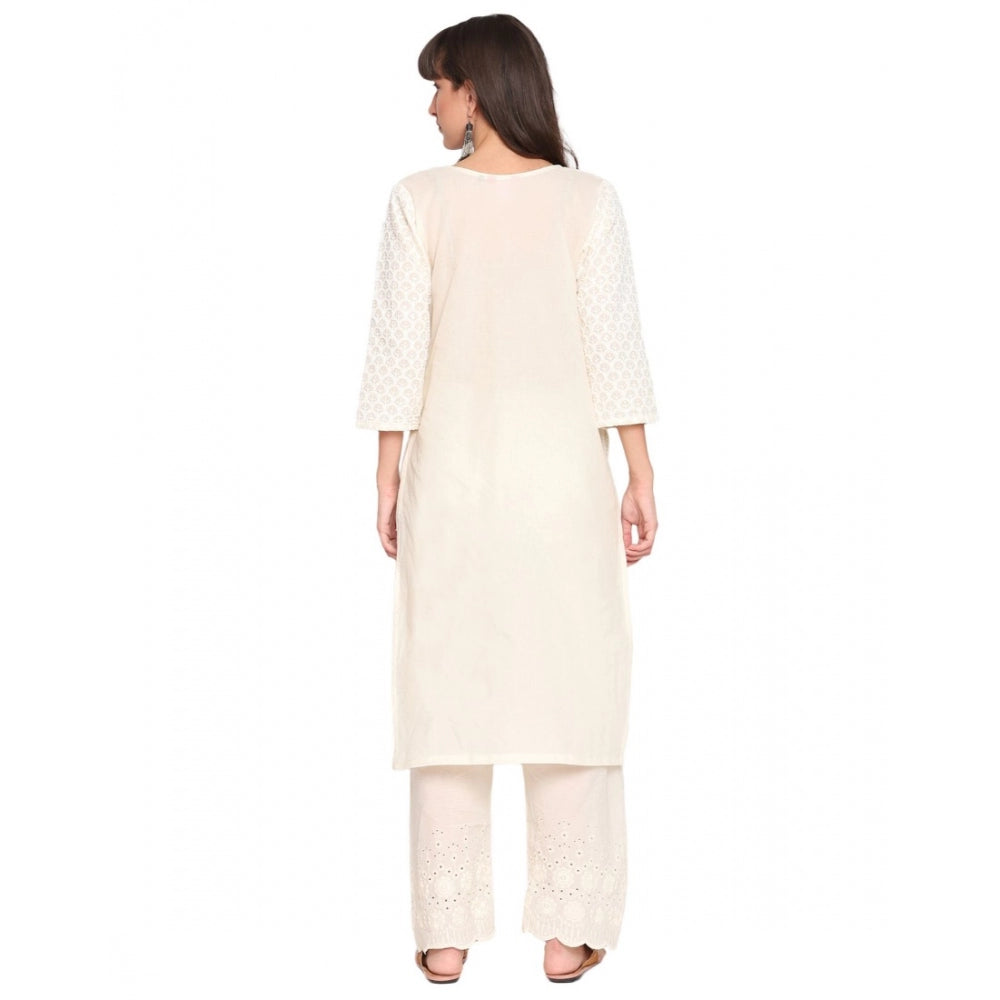 Casual 3/4th Sleeve Chikan Embroidery Cotton Kurti