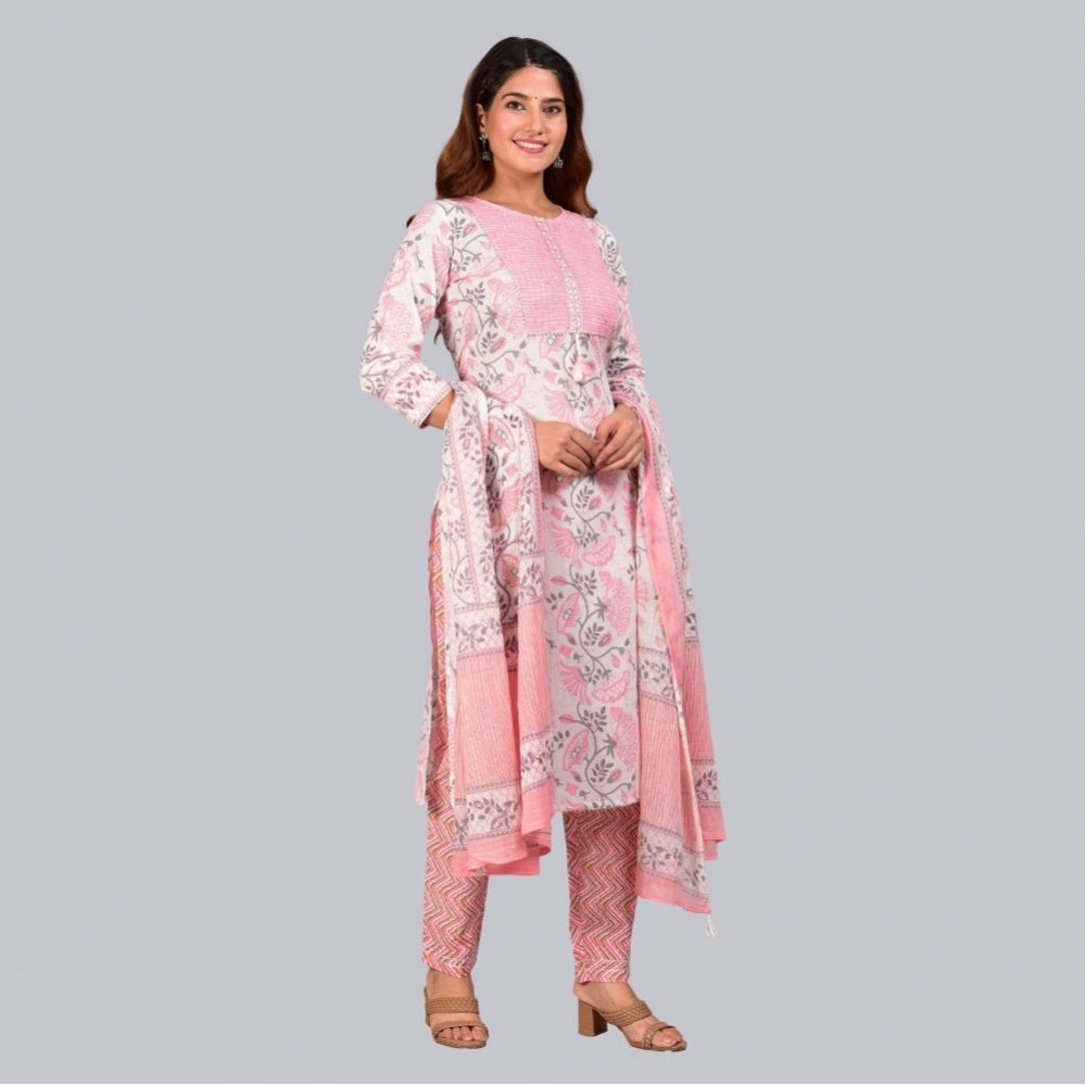 Casual 3/4 th Sleeve Floral Printed Cotton Kurti &amp; Pant With Dupatta