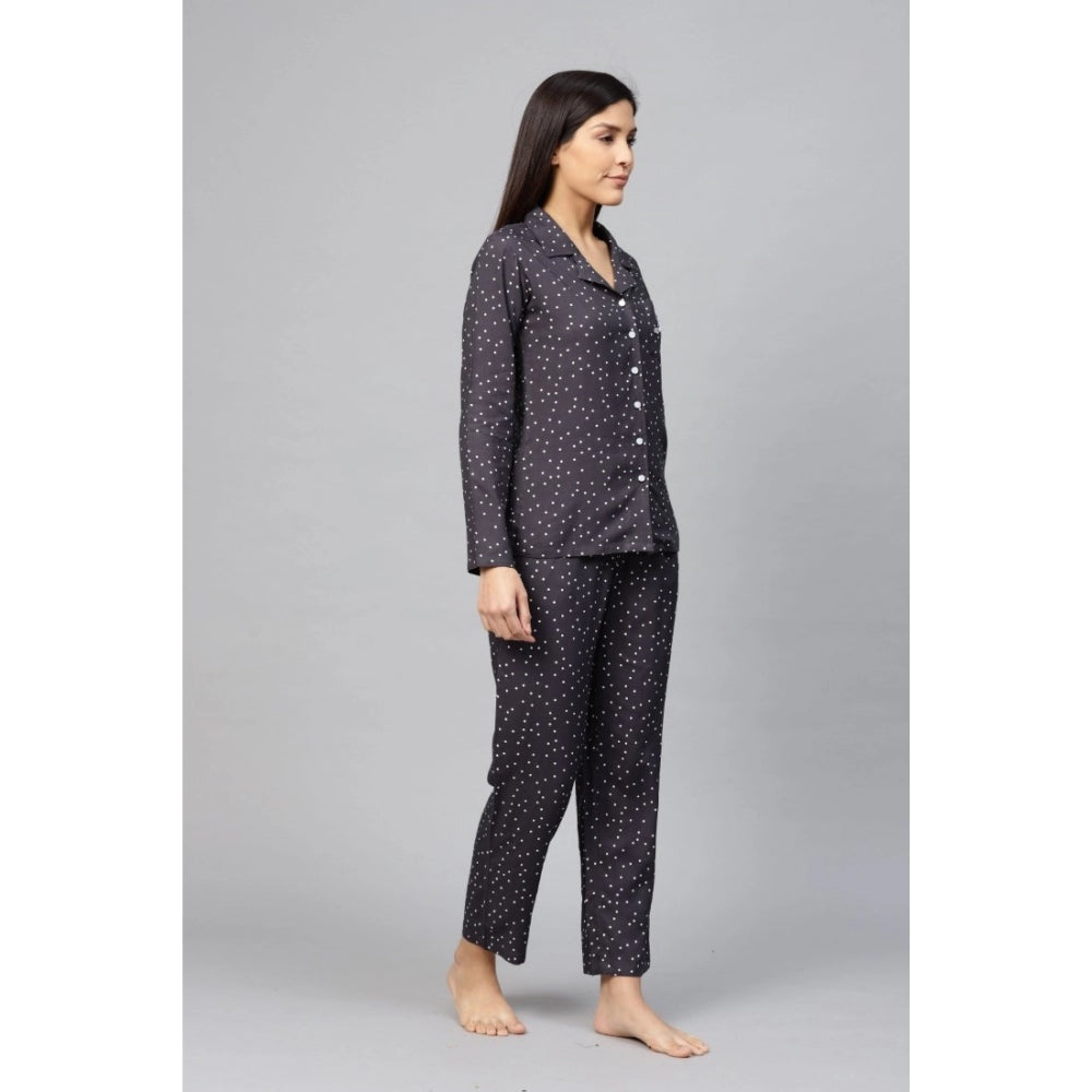 Casual Full Sleeves Polka Dot Printed Rayon Shirt With Pyjama Pant Night Suit Set