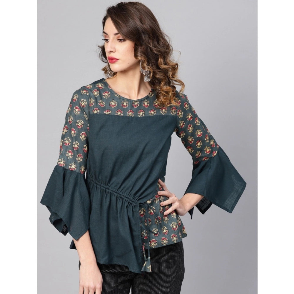 Casual Bell Sleeves Floral Printed Cotton Slub Top