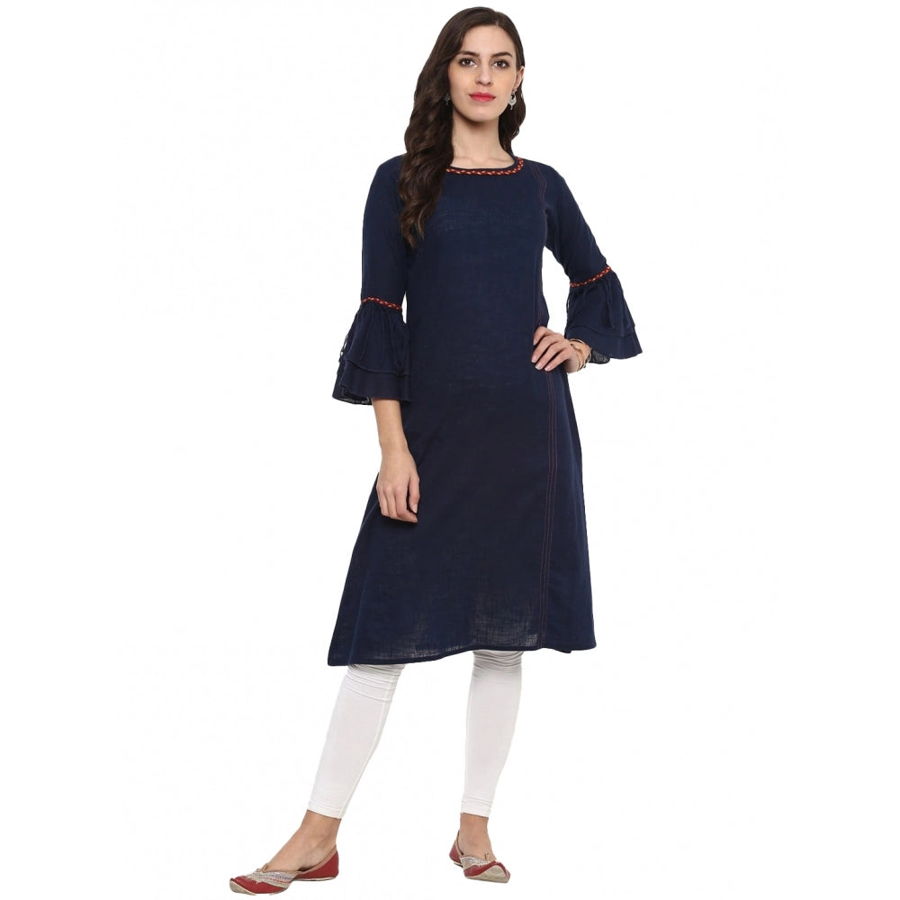 Casual Bell Sleeves Solid Cotton Slub Kurti