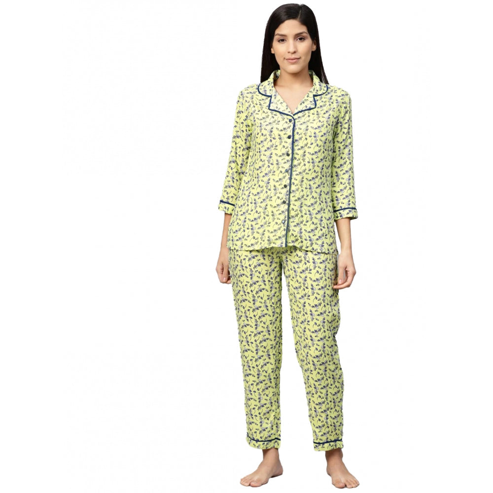 Casual 3/4 Sleeve Floral Printed Rayon Shirt With Pyjama Pant Night Suit Set