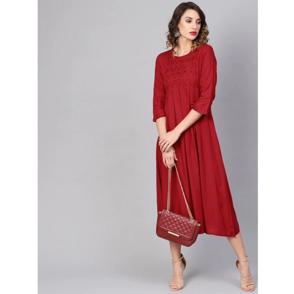 Casual 3/4 th Sleeve Solid Rayon Dobby Dress