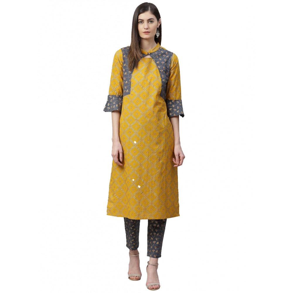 Casual Bell Sleeves Geomatrical Printed Cotton Kurti Set