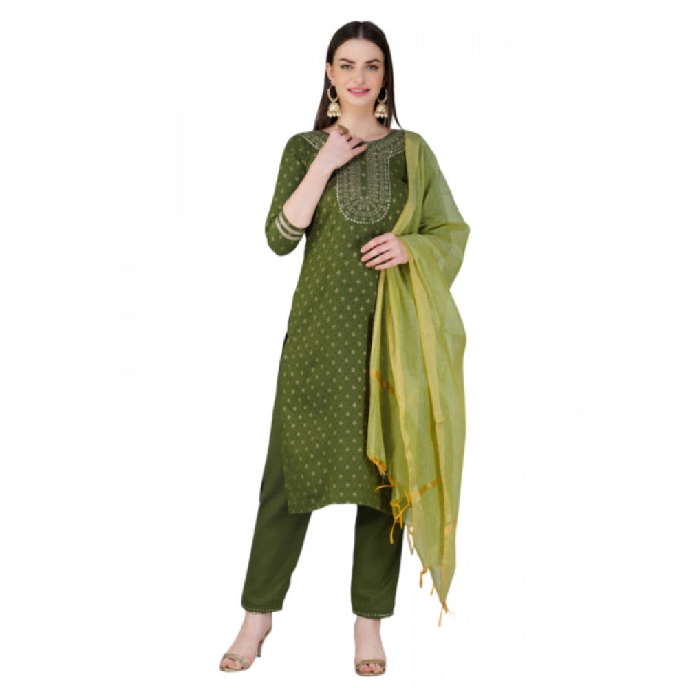 Casual 3-4 th Sleeve Embroidery Cotton Kurti Pant Dupatta Set