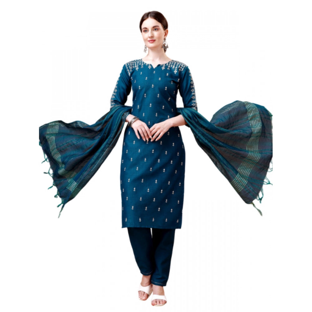 Casual 3-4 th Sleeve Embroidery Cotton Kurti Pant Dupatta Set