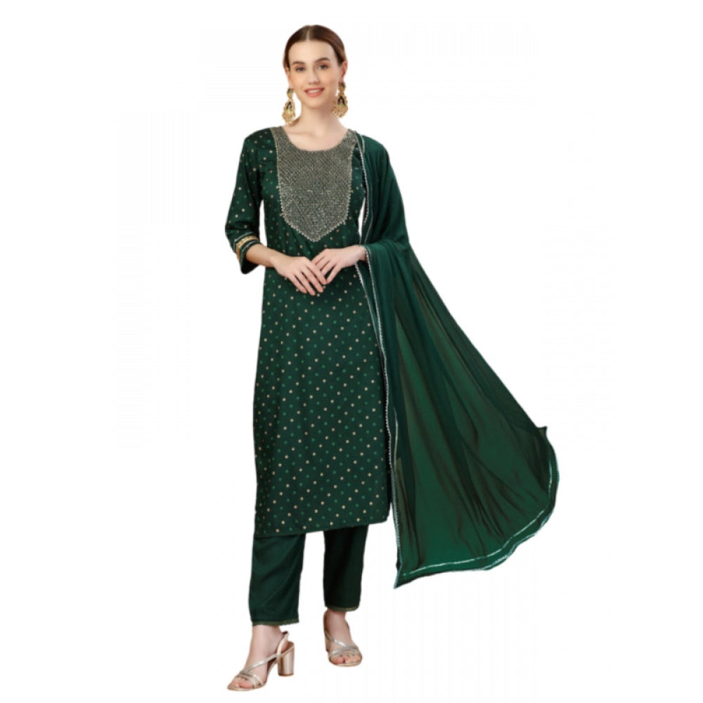 Casual 3-4 th Sleeve Embroidery Silk Blend Kurti Pant Dupatta Set