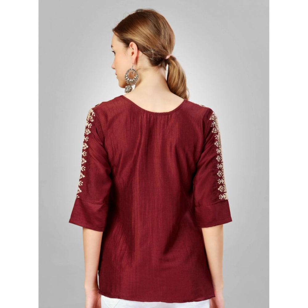 Casual 3-4 th Sleeve Embroidered Silk Tunic Top