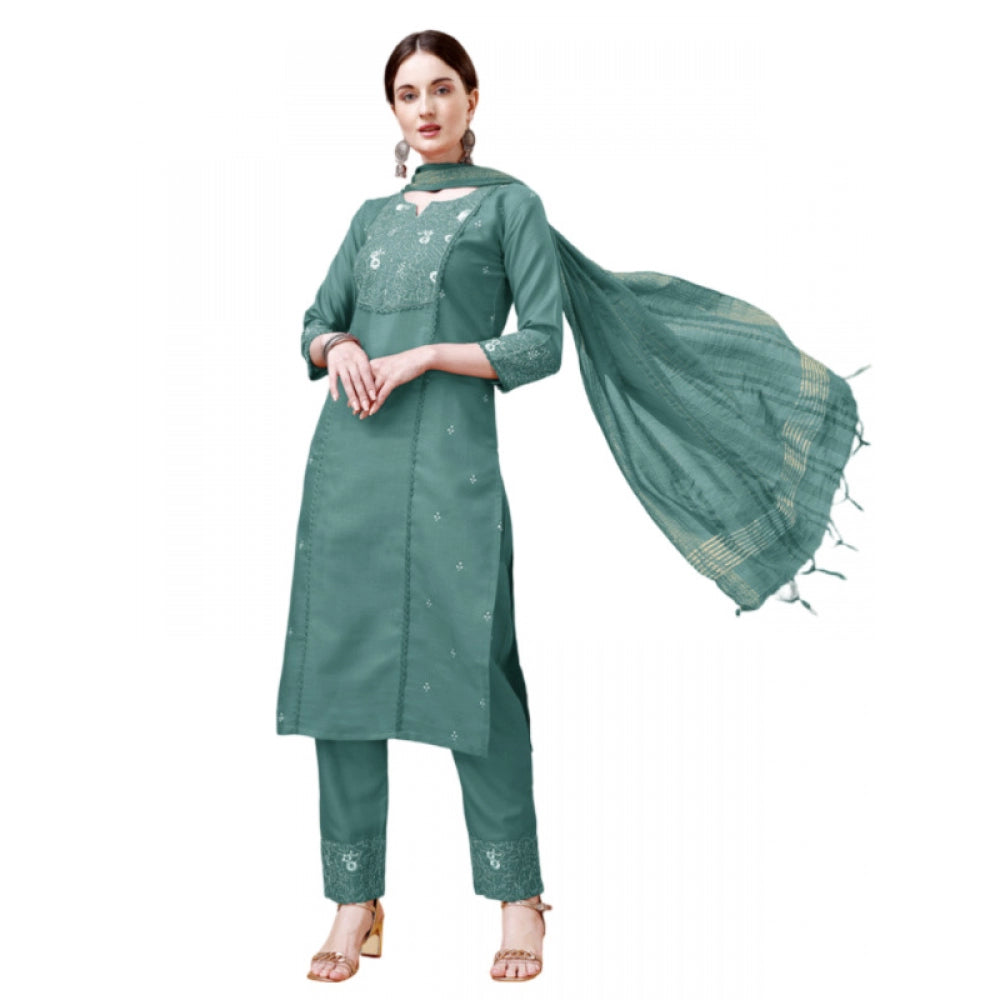 Casual 3-4 th Sleeve Embroidery Cotton Kurti Pant Dupatta Set