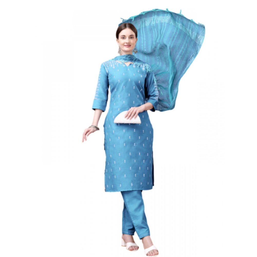 Casual 3-4 th Sleeve Embroidery Cotton Kurti Pant Dupatta Set