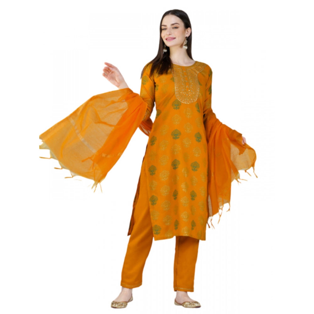 Casual 3-4 th Sleeve Embroidery Cotton Kurti Pant Dupatta Set