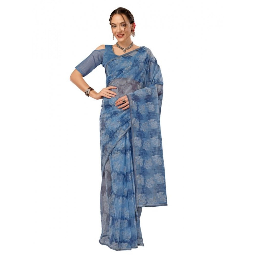 Linen Floral Printed Saree With Unstitched Blouse