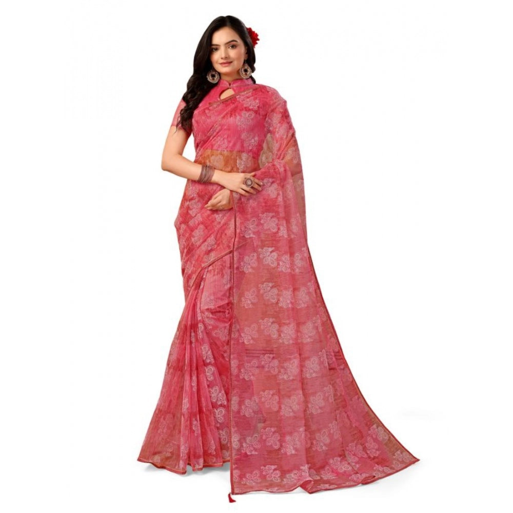 Linen Floral Printed Saree With Unstitched Blouse