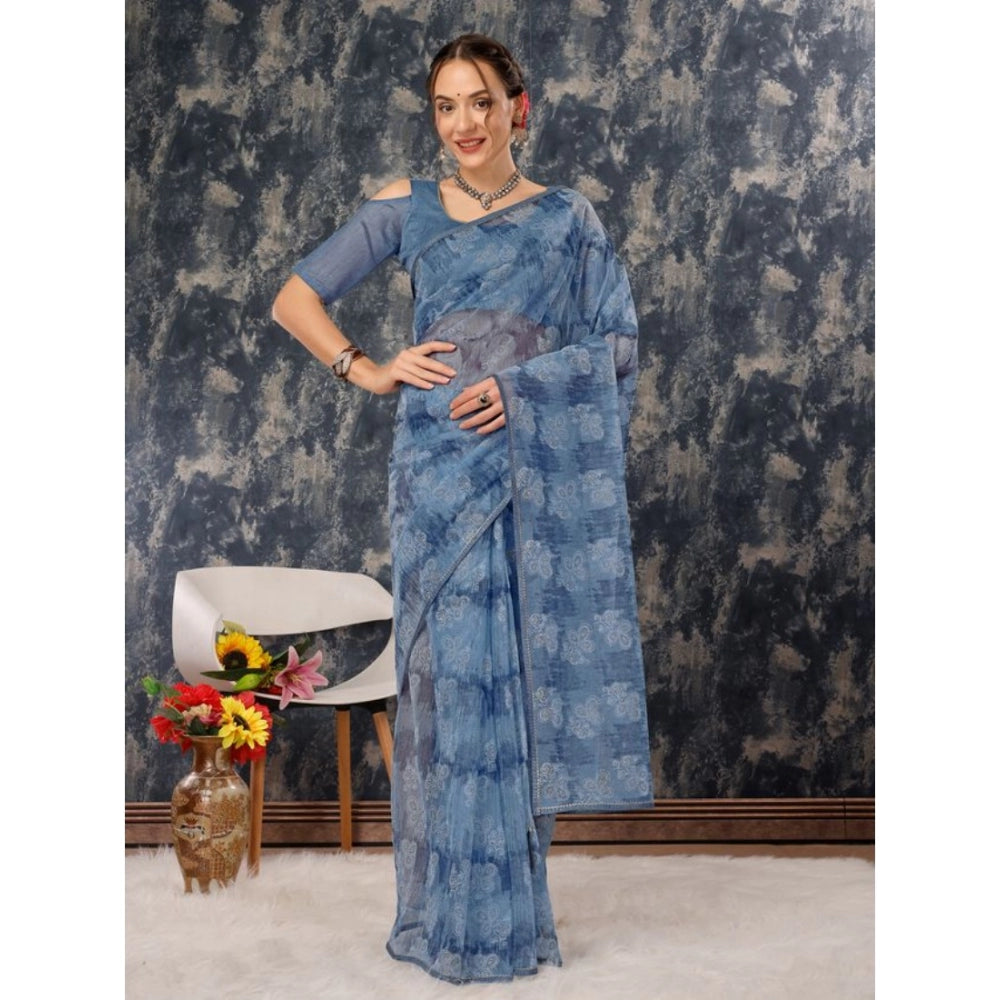 Linen Floral Printed Saree With Unstitched Blouse