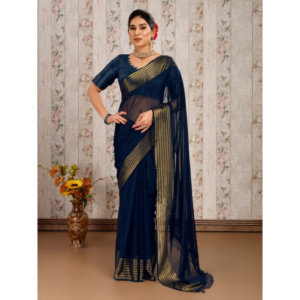 Chiffon Fabric Plain Saree With Unstitched Blouse