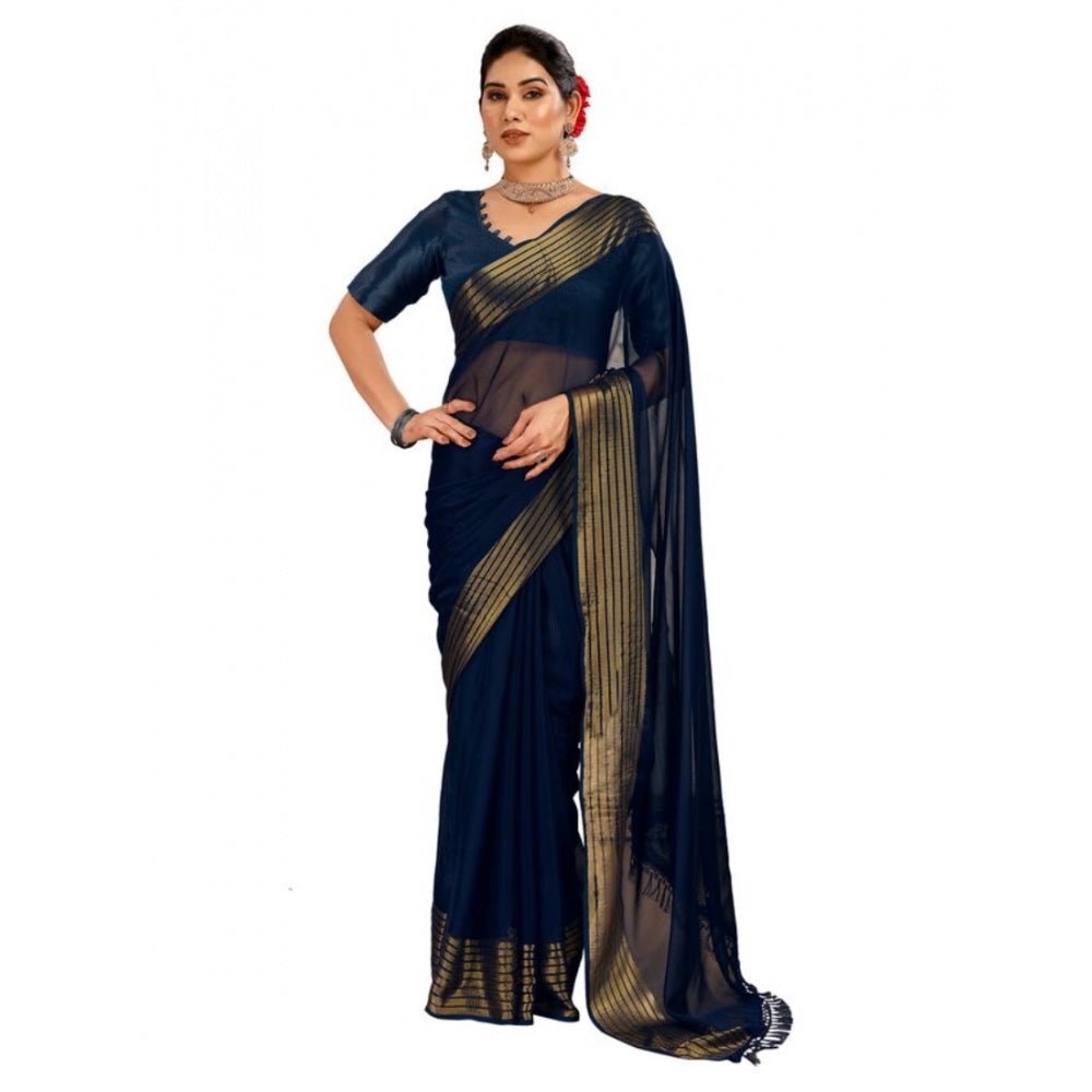 Chiffon Fabric Plain Saree With Unstitched Blouse