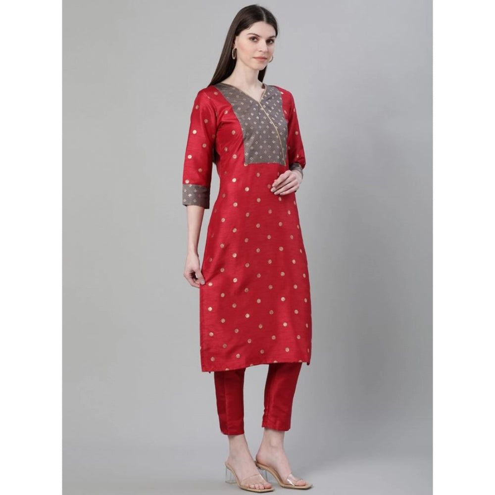 Casual 3-4Th Sleeve Ethnic Motifs Poly Silk Kurti And Pant Set