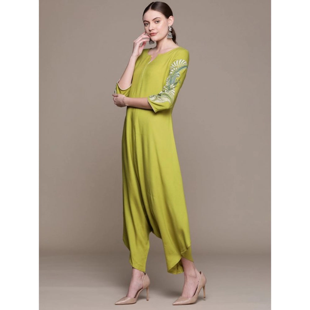 Casual 3-4Th Sleeve Peacock Mehandi Rayon Jumpsuit