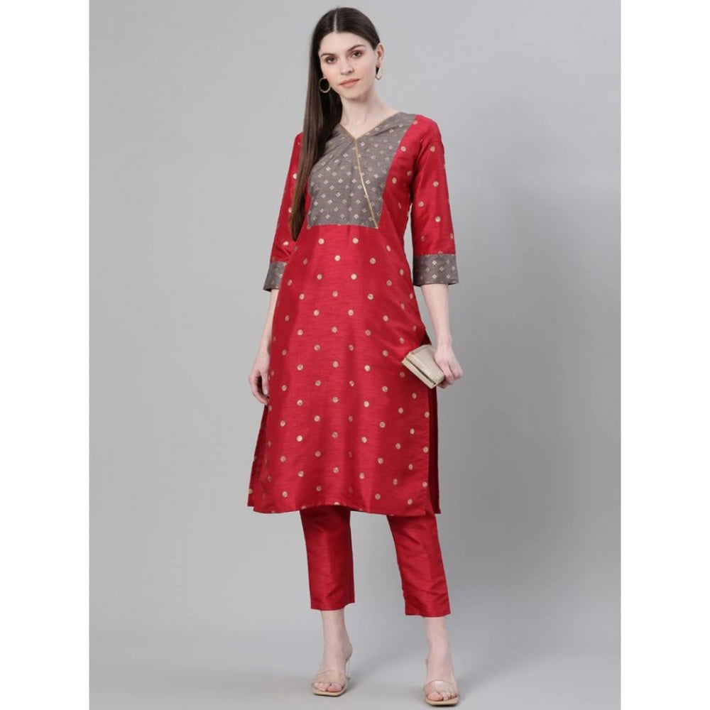 Casual 3-4Th Sleeve Ethnic Motifs Poly Silk Kurti And Pant Set