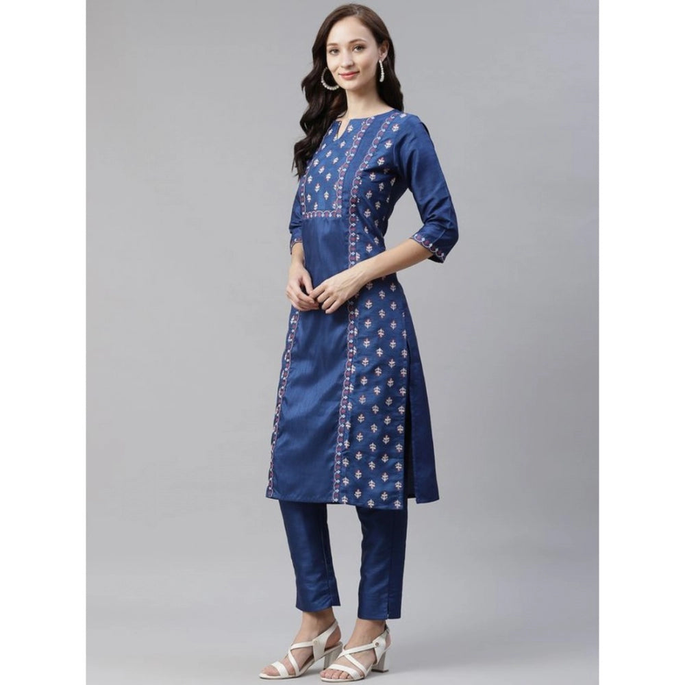 Casual 3-4Th Sleeve Floral Printed Poly Silk Kurti And Pant Set