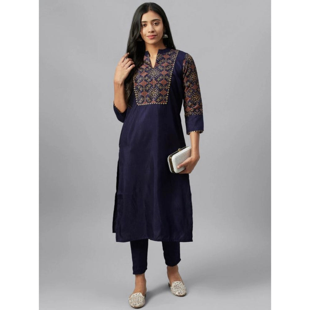 Casual 3-4Th Sleeve Ethnic Motifs Poly Silk Kurti and Pant Set