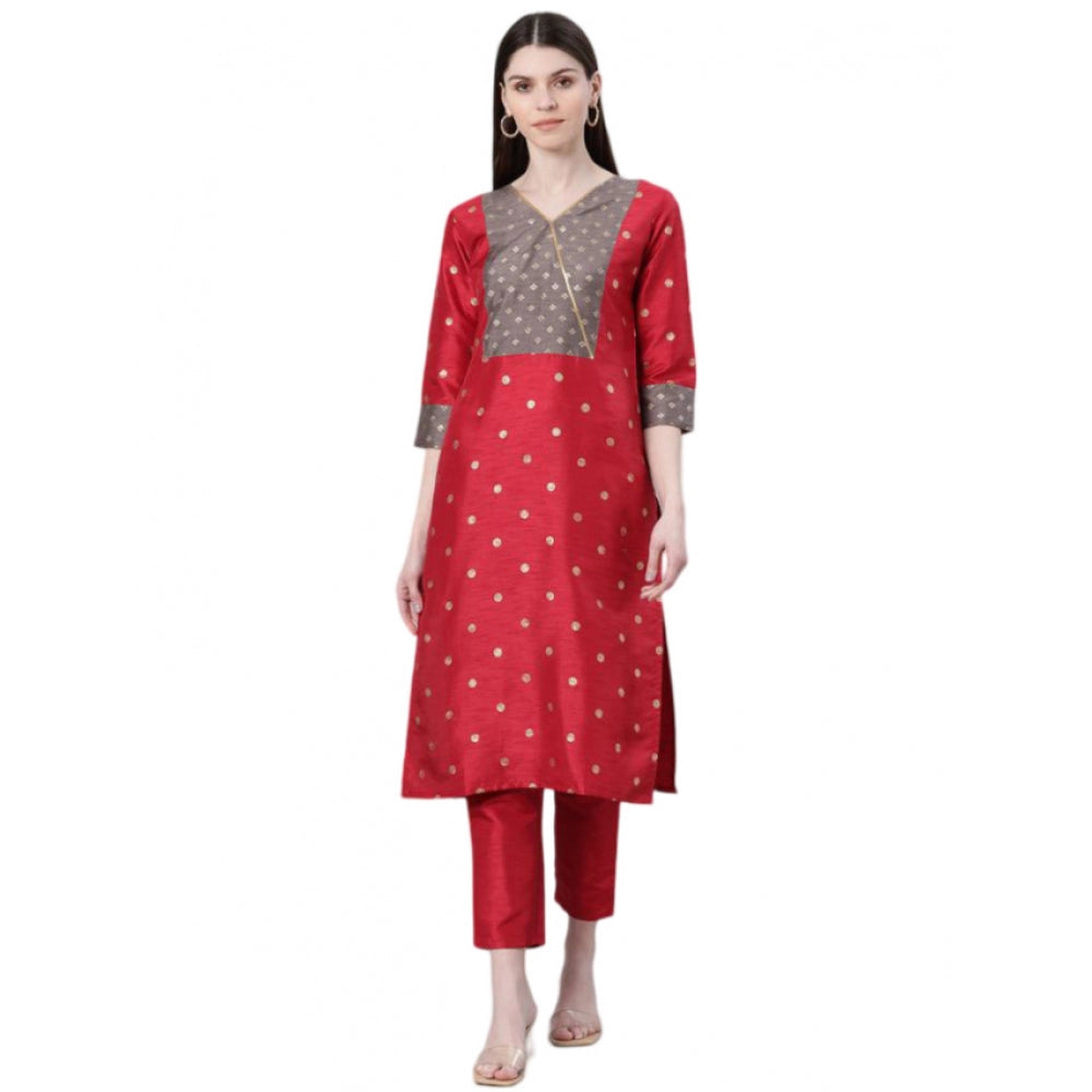 Casual 3-4Th Sleeve Ethnic Motifs Poly Silk Kurti And Pant Set