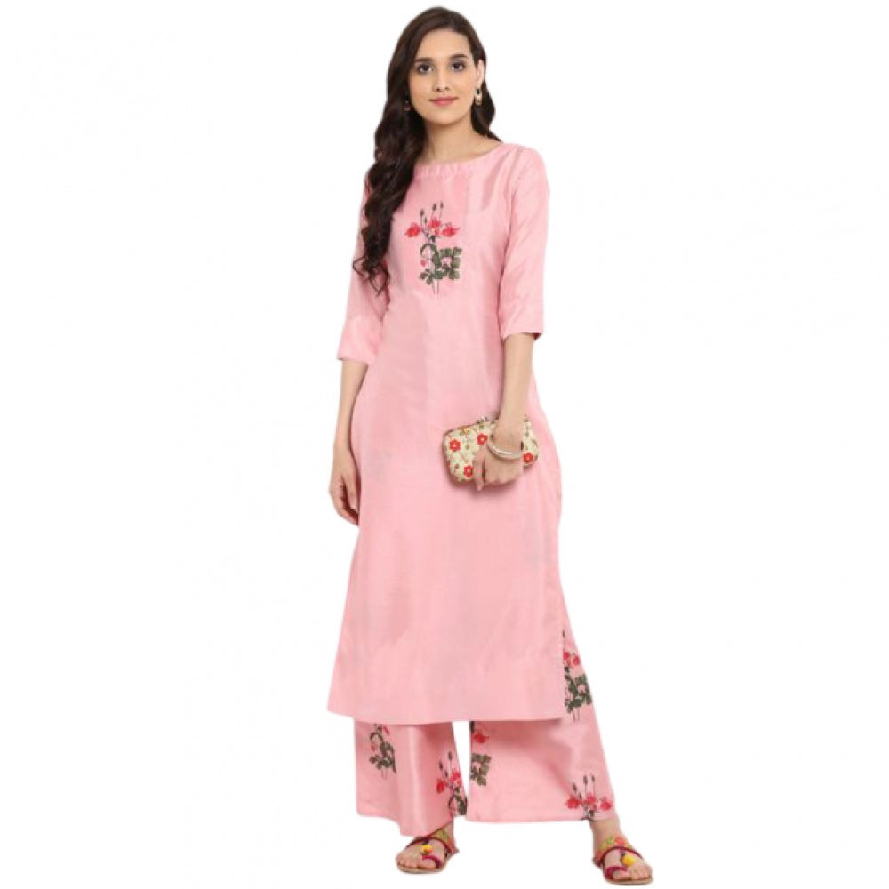 Casual 3-4Th Sleeve Floral Printed Poly Silk Kurti and Palazzo Set