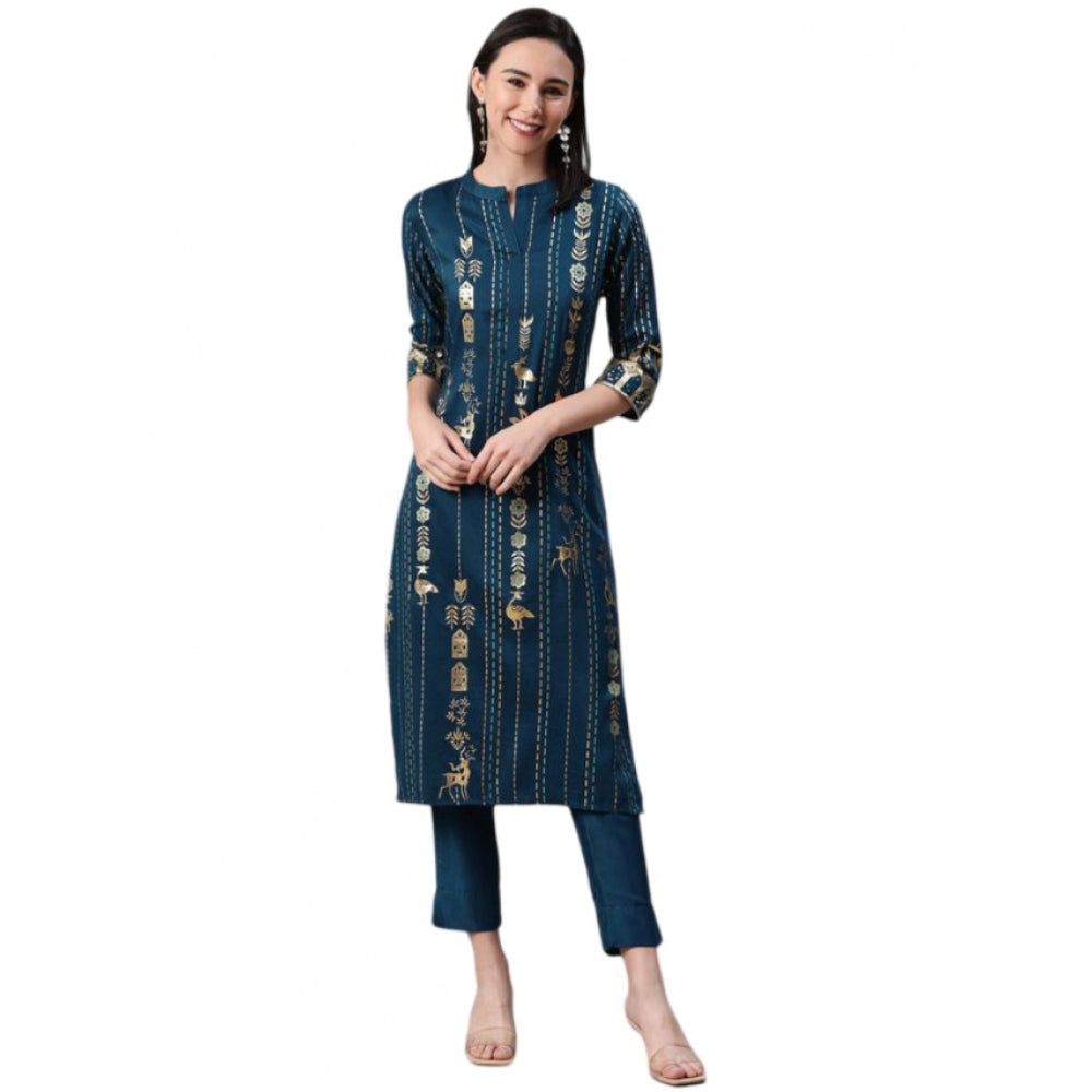 Casual 3-4Th Sleeve Floral Printed Rayon Kurti And Pant Set