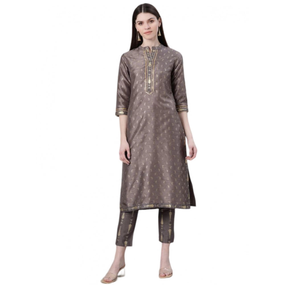 Casual 3-4Th Sleeve Ethnic Motifs Poly Silk Kurti And Pant Set